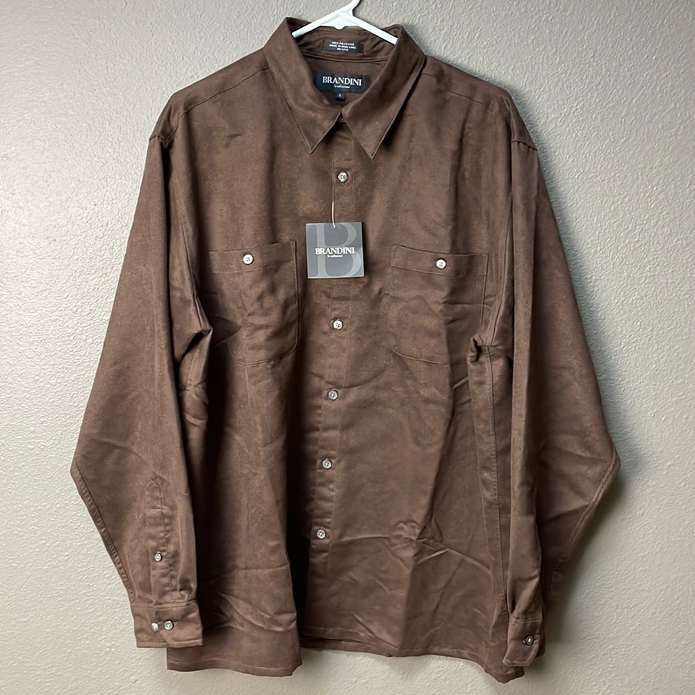 Faux suede brown men’s button down shirt new with tags.